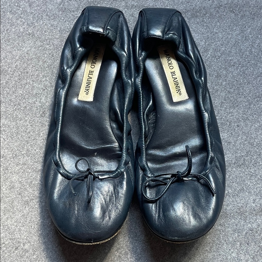 Manolo Blahnik Dark Blue Leather Flats